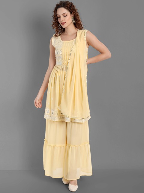 

TORONFRAS Women Yellow Ethnic Embroidered Silk Georgette Kurti with Sharara & With Dupatta