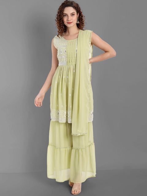 TORONFRAS Women Green Panelled Thread Work Silk Georgette Kurta with Palazzos & With Dupatta