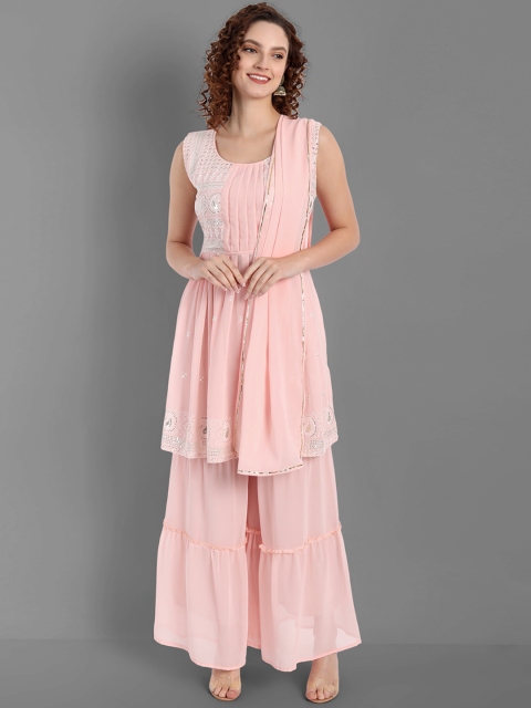 

TORONFRAS Women Pink Empire Thread Work Silk Georgette Kurti with Sharara & With Dupatta