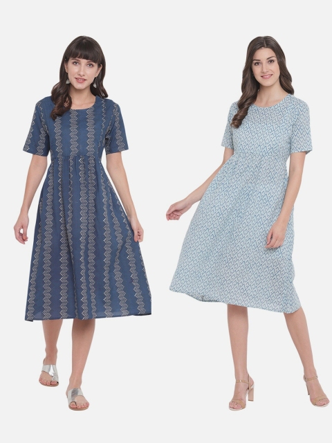 

Aawari Pack Of 2 Women Blue Geometric Printed Maternity Anarkali Kurta