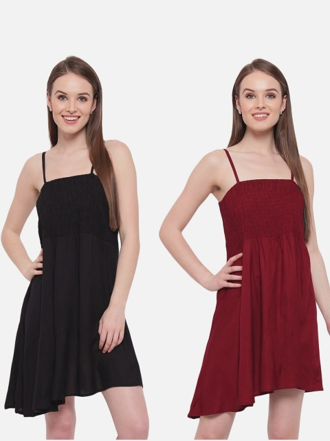 

Aawari Pack Of 2 Maroon & Black Solid Fit & Flare Dress