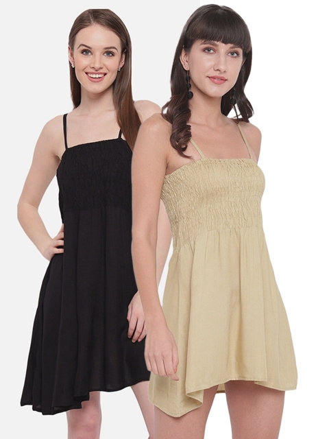 

Aawari Women Set of 2 Black & Beige Solid Viscose Rayon Dress