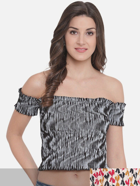 

Aawari Pack Of 2 Women Beige & Black Print Off-Shoulder Bardot Crop Top