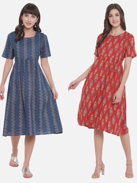 

Aawari Pack of 2 Blue & Red Printed Midi Ethnic Dress
