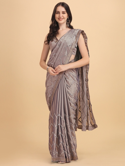 

Vaidehi Fashion Women Grey Mirror Work Silk Blend Saree With Blouse