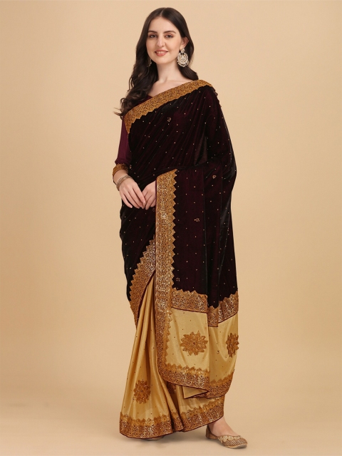 

Vaidehi Fashion Purple & Gold-Toned Floral Embroidered Velvet Half and Half Saree