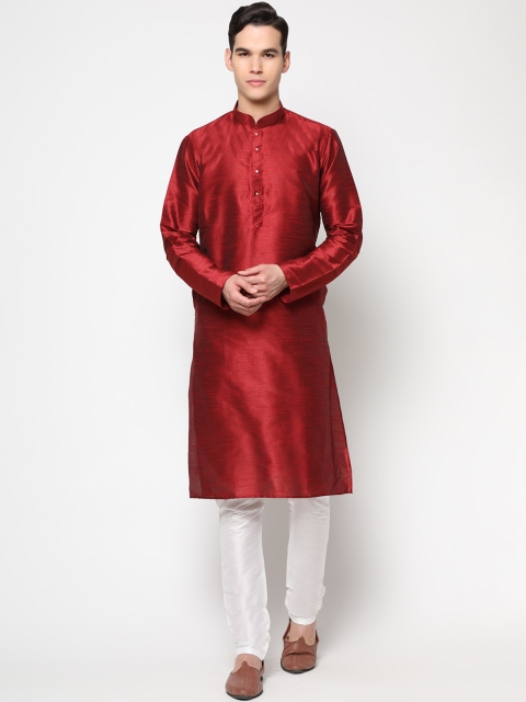 

LAGAAV Men Maroon and White Dupion Silk Kurta with Churidar