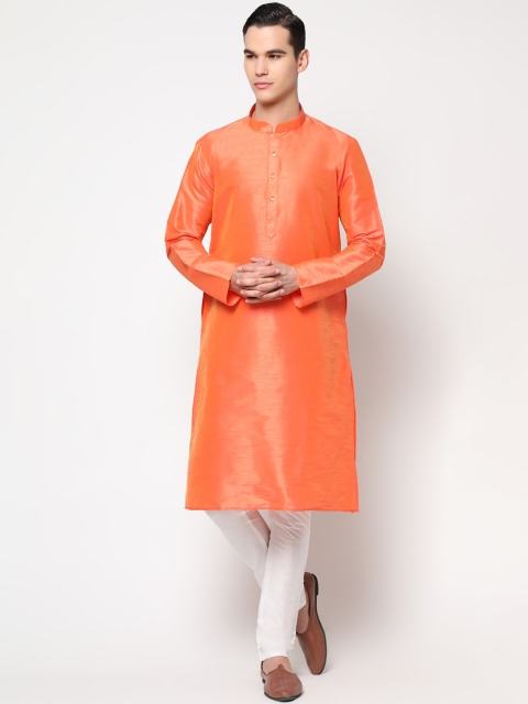

LAGAAV Men Orange & White Solid Dupion Silk Kurta Set