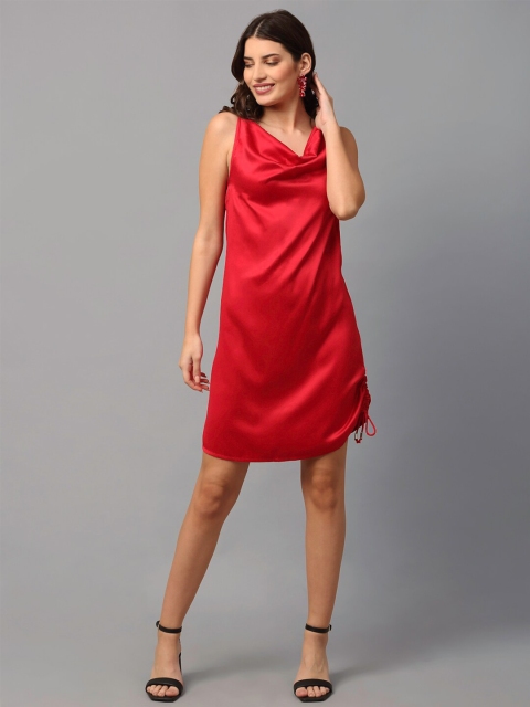 

NEUDIS Red Cowl Neck Satin Sheath Dress