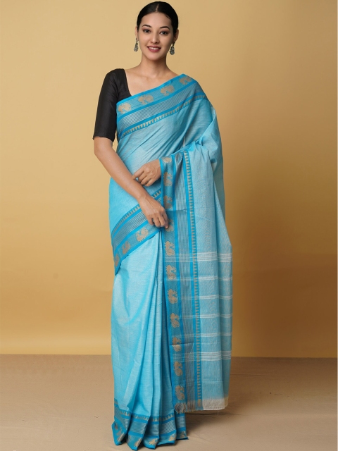 

Unnati Silks Women Blue & White Pure Cotton Kanjeevaram Saree