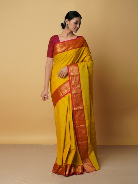 

Unnati Silks Yellow & Red Zari Pure Cotton Handloom Chettinad Saree