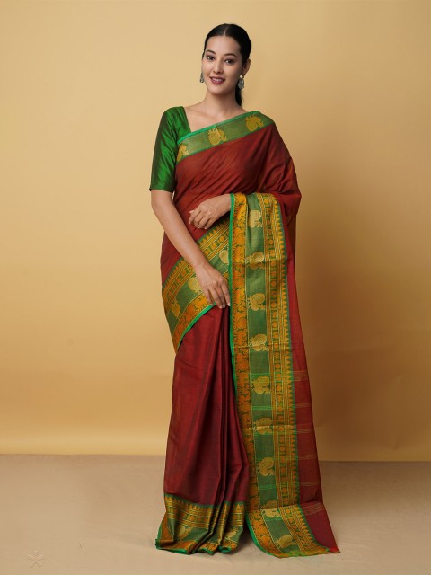 

Unnati Silks Maroon & Green Zari Pure Cotton Handcrafted Kanjeevaram Saree