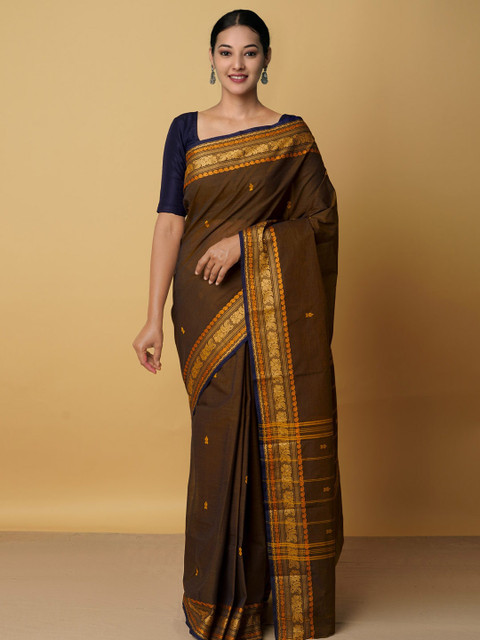 

Unnati Silks Brown & Gold-Toned Woven Design Zari Pure Cotton Chettinad Saree