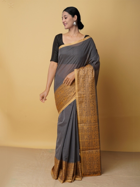 

Unnati Silks Grey & Gold-Toned Zari Pure Cotton Kanjeevaram Saree
