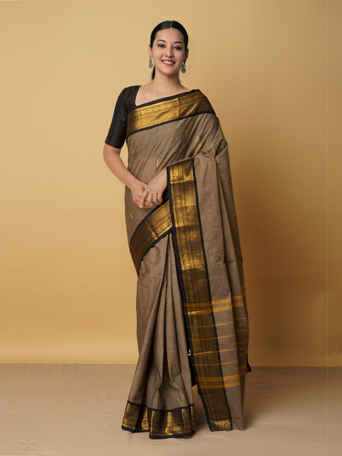 

Unnati Silks Brown & Black Zari Pure Cotton Handloom Chettinad Saree