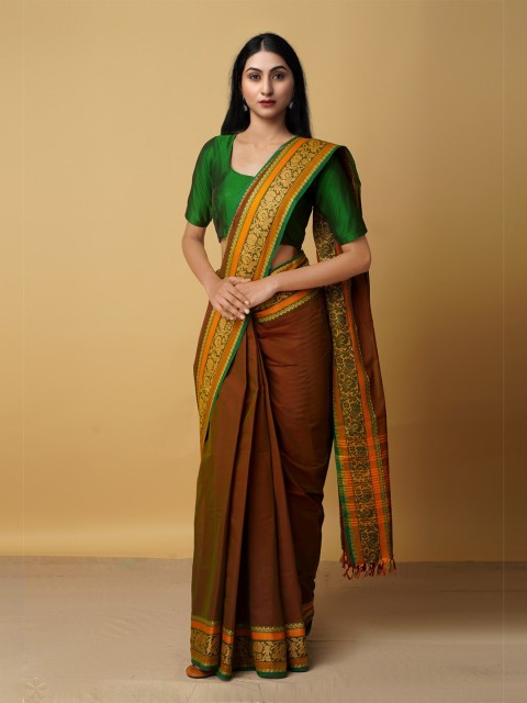 

Unnati Silks Brown & Green Ethnic Motifs Zari Pure Cotton Chettinad Saree