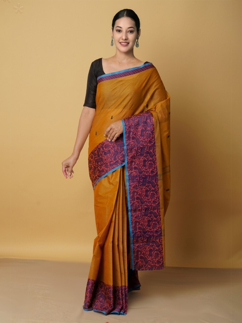 

Unnati Silks Brown & Blue Woven Design Zari Pure Cotton Chettinad Saree