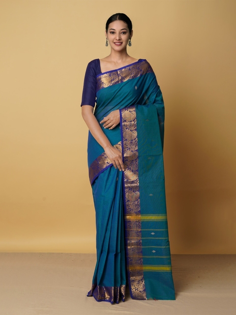 

Unnati Silks Blue & Gold-Toned Woven Design Zari Pure Cotton Chettinad Saree