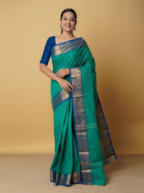 

Unnati Silks Green & Blue Ethnic Motifs Zari Pure Cotton Chettinad Saree