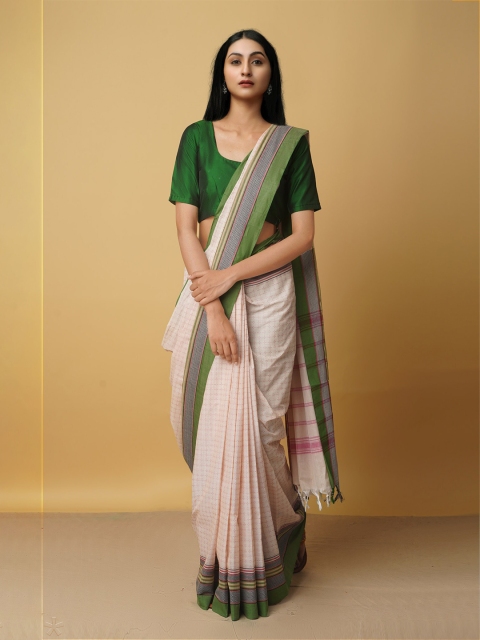 

Unnati Silks Cream-Coloured & Green Floral Pure Cotton Chettinad Saree