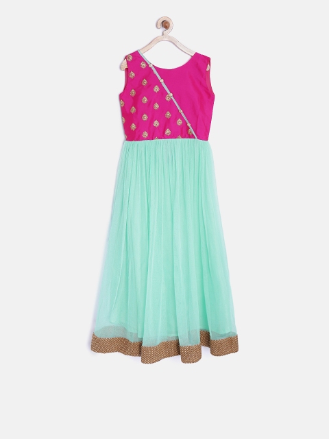 

K&U Girls Pink & Sea Green Embroidered Anarkali Kurta
