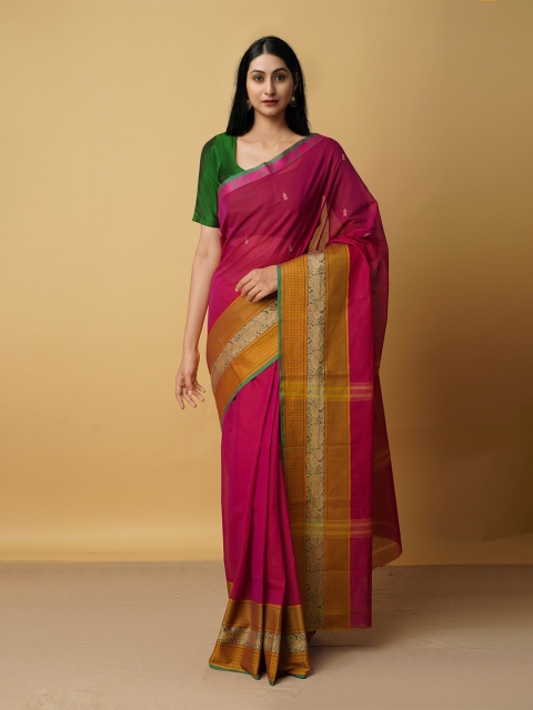 

Unnati Silks Pink & Gold-Toned Woven Design Pure Cotton Chettinad Saree