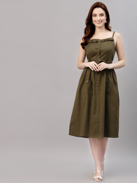 

NEUDIS Women Olive Green A-Line Midi Dress