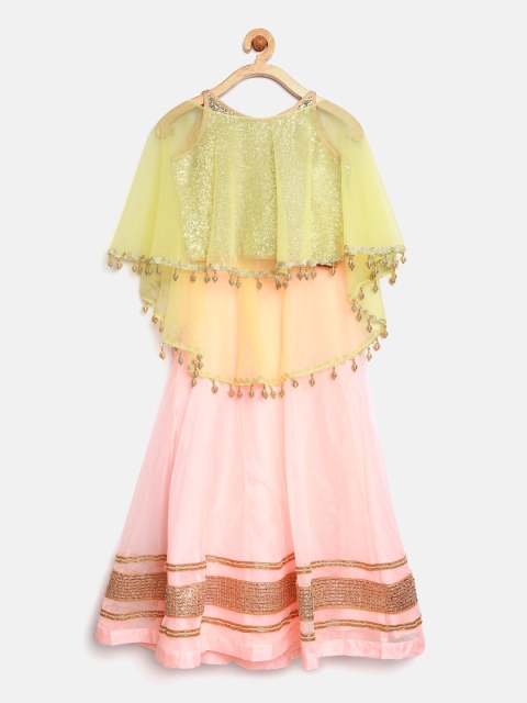 

K&U Girls Peach-Coloured & Golden Net Lehenga Choli with Cape