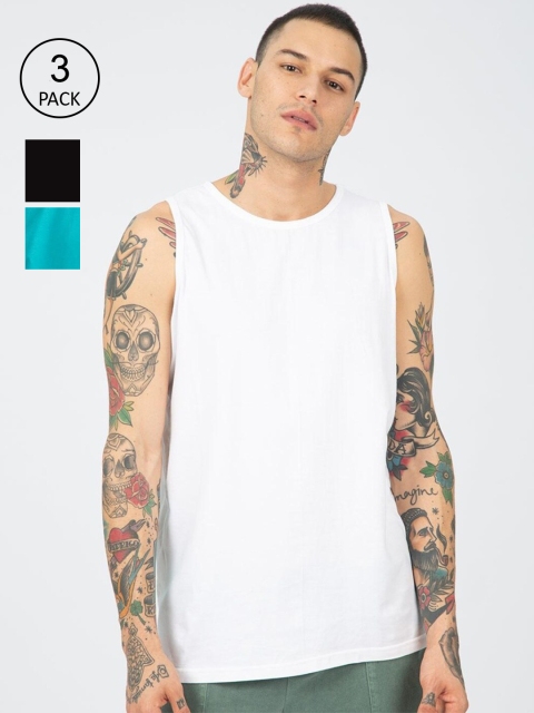 

Bewakoof Men Pack Of 3 White Black & Blue Solid Basic Innerwear Vests