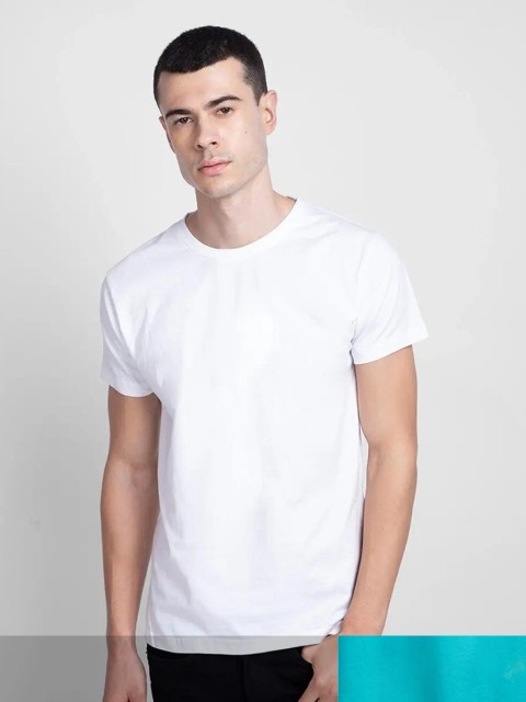 

Bewakoof Men Pack of 2 White & Turquoise Blue Raw Edge Cotton T-shirt