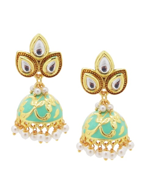 

FEMMIBELLA Green & Gold-Toned Geometric Jhumkas Earrings