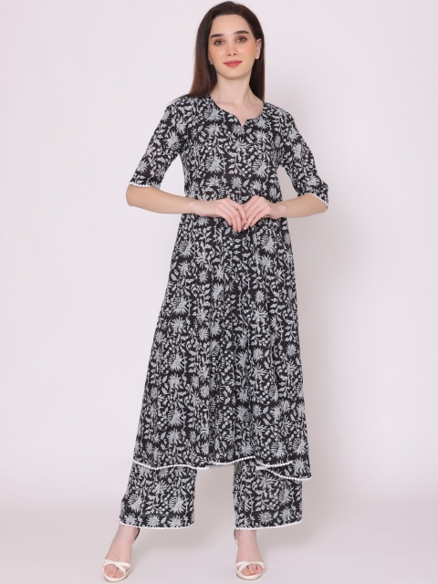 

KALINI Women Black Floral Printed Pure Cotton Kurta with Palazzos