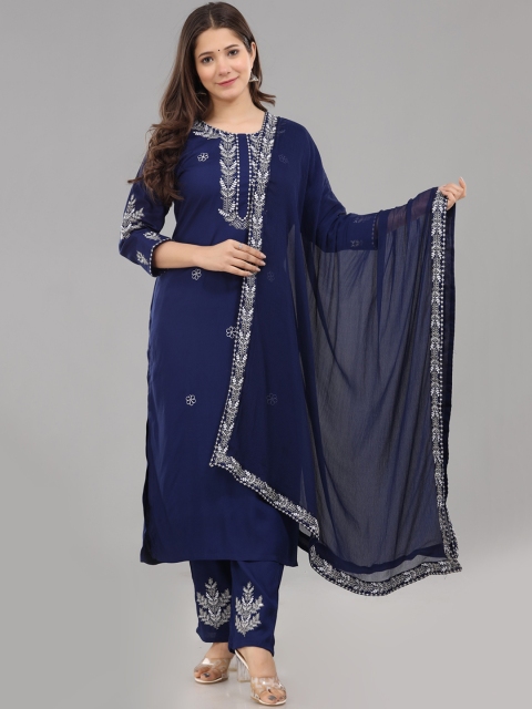 

KALINI Women Navy Blue Thread Work Kurta with Palazzo & Dupatta