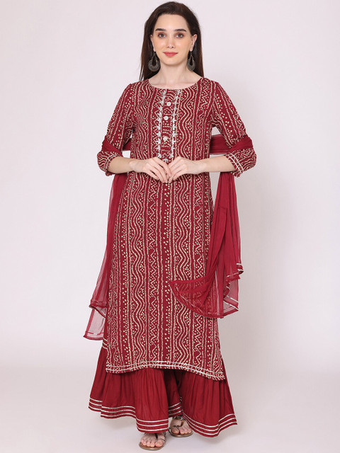 

KALINI Women Maroon Ethnic Motifs Kurti with Skirt & With Dupatta