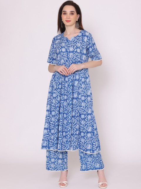 

KALINI Women Blue Floral Printed Pleated Pure Cotton Kurta with Palazzos