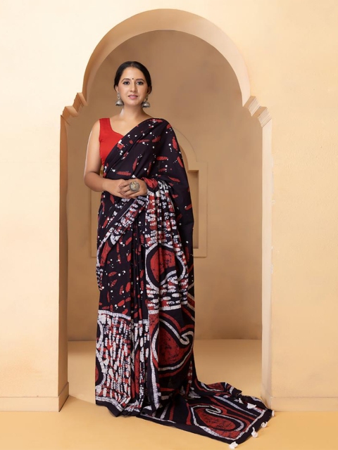 

Baisacrafts Black & Red Batik Pure Cotton Block Print Saree
