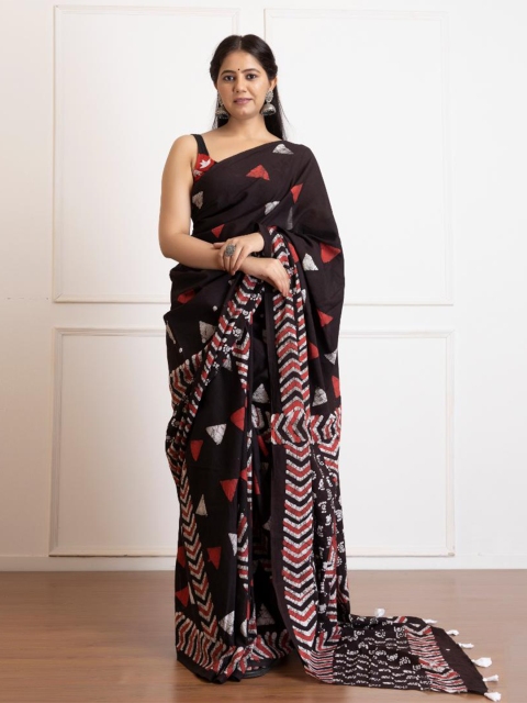 

Baisacrafts Black & Red Batik Pure Cotton Saree