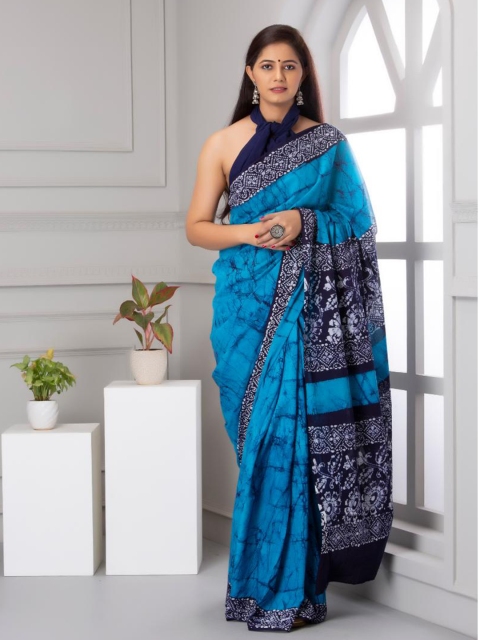 

Baisacrafts Turquoise Blue & White Tie and Dye Pure Cotton Block Print Saree