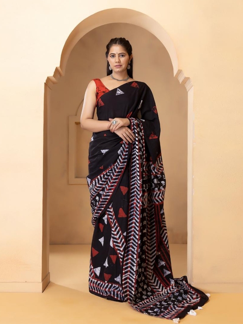 

Baisacrafts Black & Red Pure Cotton Block Print Saree