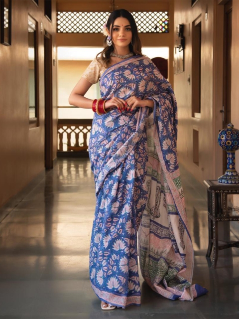 

Baisacrafts Blue & Pink Floral Pure Cotton Hand Block Print Saree with Blouse
