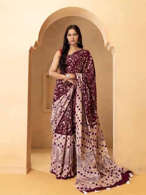 

Baisacrafts Maroon & Off White Pure Cotton Block Print Saree