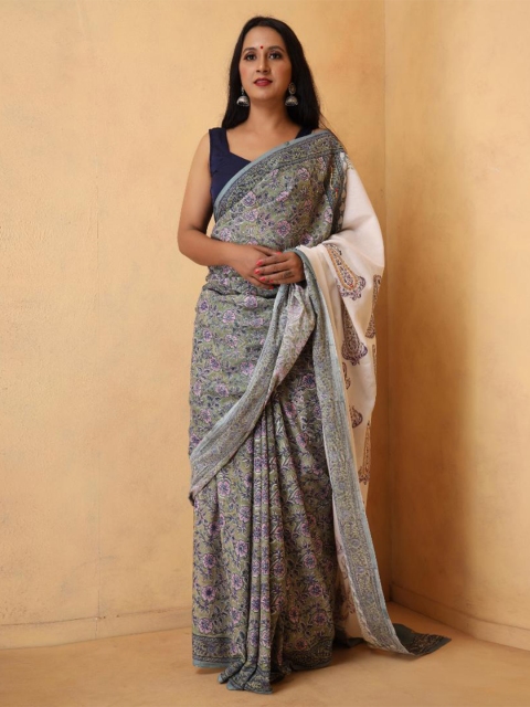 

Baisacrafts Women Grey & Purple Floral Pure Cotton Saree