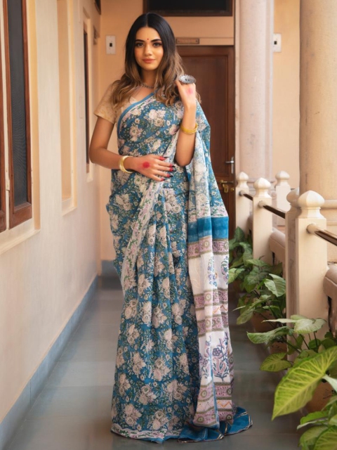 

Baisacrafts Teal & White Pure Cotton Block Print Saree