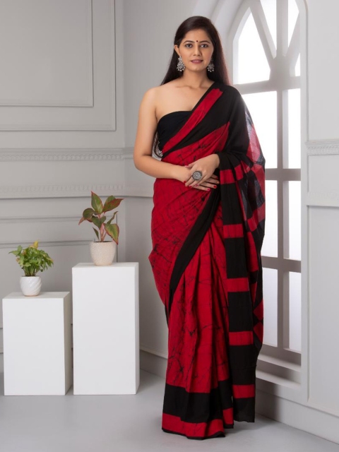 

Baisacrafts Red & Black Batik Pure Cotton Block Print Saree