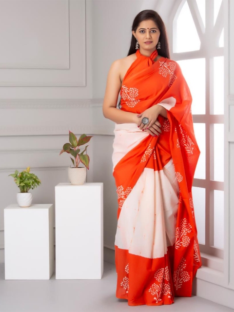 

Baisacrafts Orange & White Pure Cotton Batik Print Saree