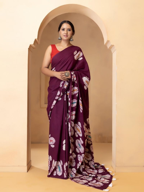 

Baisacrafts Maroon & White Pure Cotton Block Print Saree