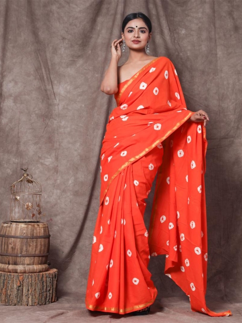 

Baisacrafts Red & White Batik Zari Pure Cotton Block Print Saree