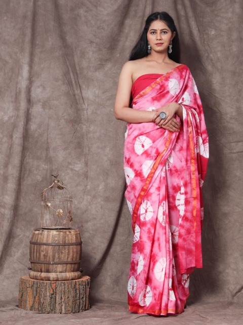

Baisacrafts Pink & Orange Bandhani Pure Cotton Block Print Saree