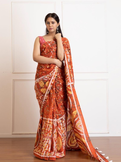 

Baisacrafts Orange & Yellow Pure Cotton Block Print Saree