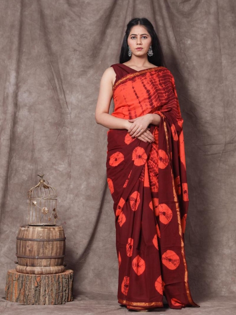 

Baisacrafts Maroon & Orange Bandhani Pure Cotton Block Print Saree